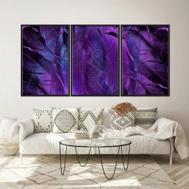 Kit Quadros Decorativos Penas Roxas