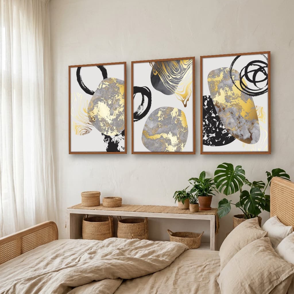 Kit Quadros Decorativos Abstrato Dourado