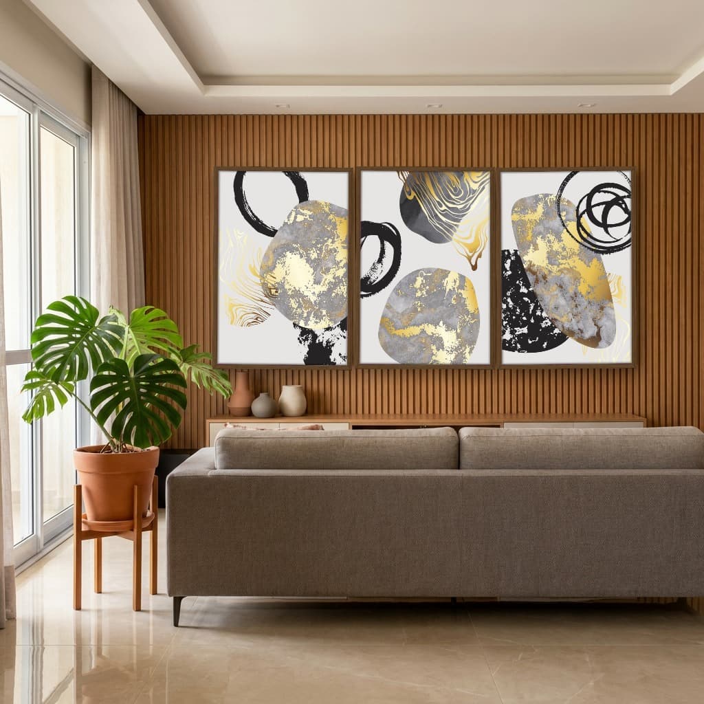Kit Quadros Decorativos Abstrato Dourado