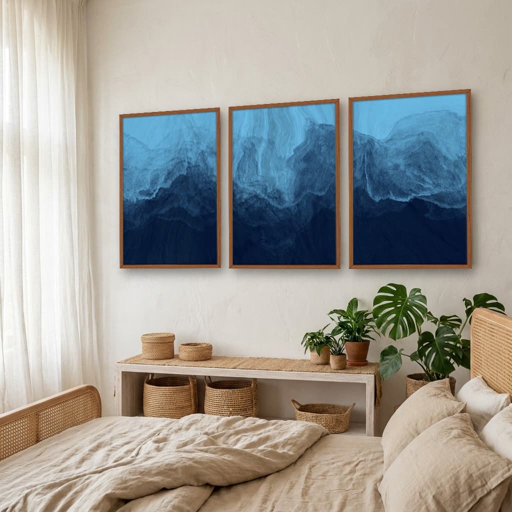 Kit Quadros Decorativos Pinceladas Tinta Azul